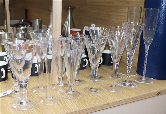 A collection of glass flutes including two Tiffany (14)